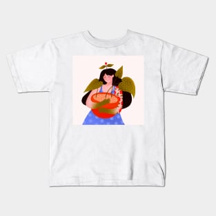 Cute girl nature lover with big green plant, version 2 Kids T-Shirt